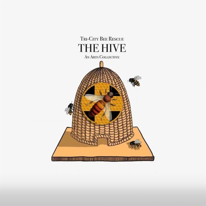 The Hive, An Arts Collective logo: a straw skep beehive with honeybees